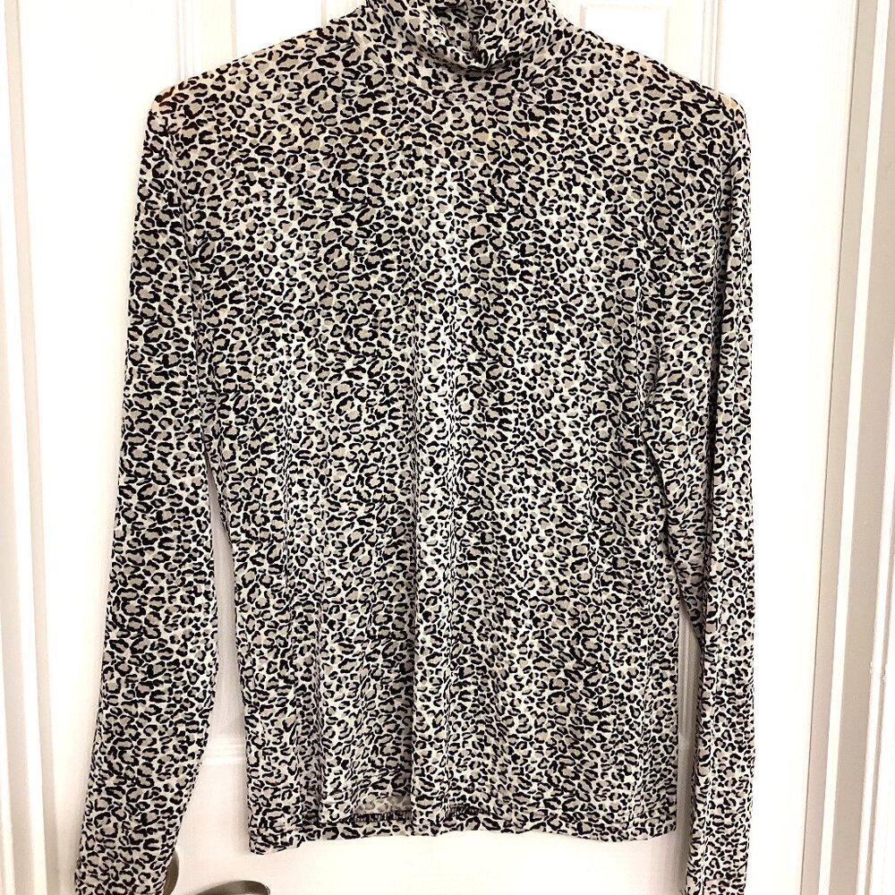 Vintage Animal Print Half Turtleneck Top, Black and White Long Sleeve Blouse